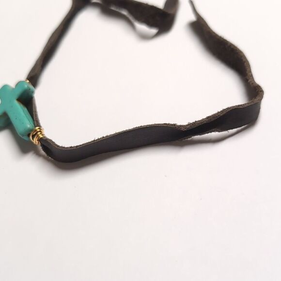 95 Brown Leather Wrap Bracelet with Turquoise Cross - Picture 3 of 6